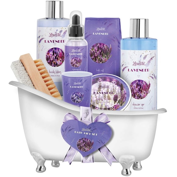 Cestas de regalo navideñas relajantes para baño de spa con lavanda para mujeres y niñas, juego de baño y cuerpo para cumpleaños, incluye vela, aceite esencial, exfoliante corporal, sal de baño, loción