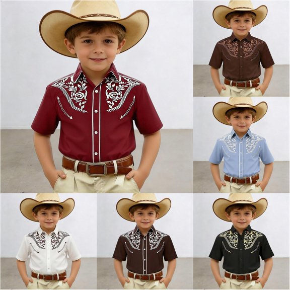 Trendfront Youth Boys Retro Western Cowboy Fashion Tee Dapper Embroidered Short Sleeve Button Down T Shirts Equestrian Athletic Wear Tops