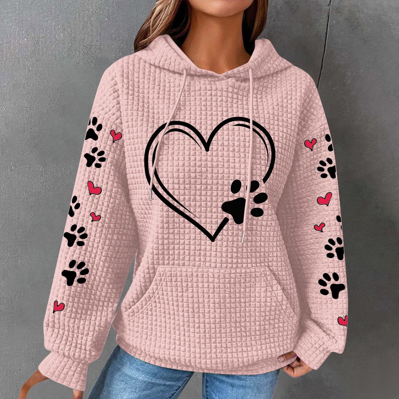 Cute Dog Paw Print Hoodies for Women Casual Oversized Waffle Hooded Sweatshirts Comfy Fall Winter Pullover Tops for Going Out