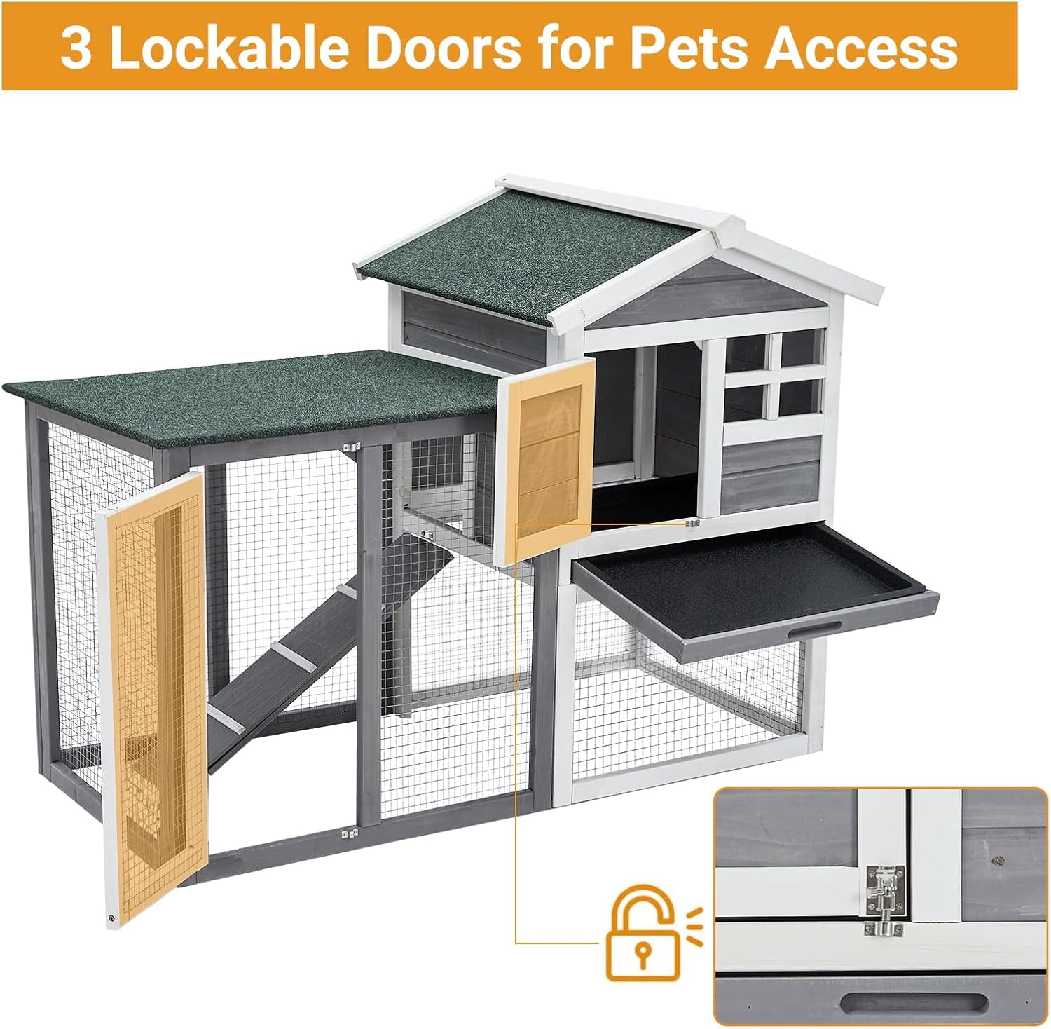 Furvclv 48" Wooden Rabbit Hutch for Small Animals, 2 Lockable Doors Animal Enclosure with Weather-Resistant Small House & Open Courtyard, Outdoor Bunny House with Wire Fence and Cleaning Tray