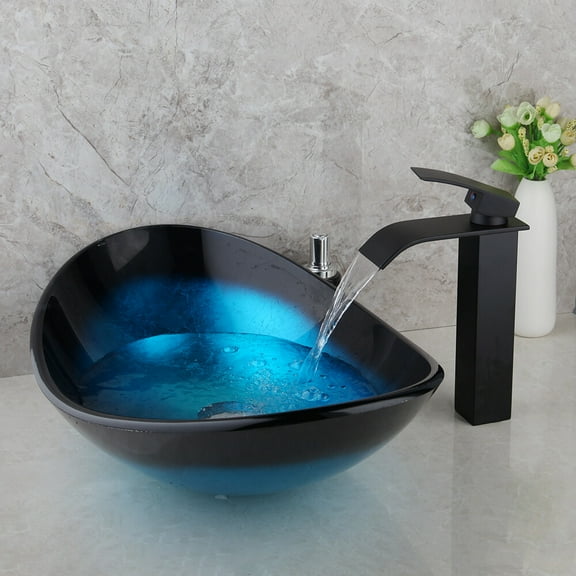 U Blue Bathroom Countertop Mounted Tempered Glass Basin Sink Chrome Mixer Faucet