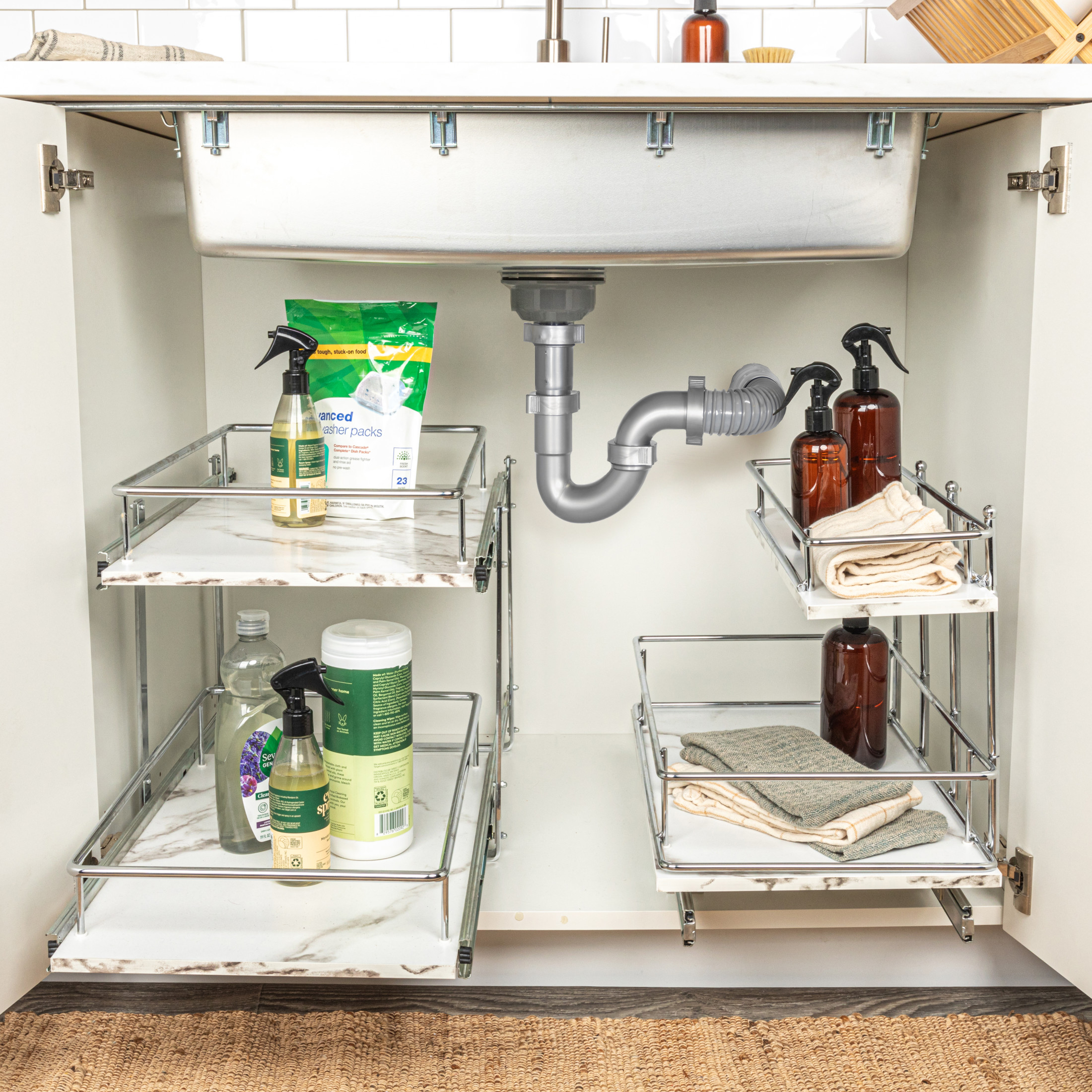 Household Essentials Glidez Chrome-Plated Steel and Faux Marble Pull-Out/Slide-Out Storage Organizer for Under Cabinet Use - 2-Tier Design - Fits Standard Size Cabinet or Shelf, White and Chrome