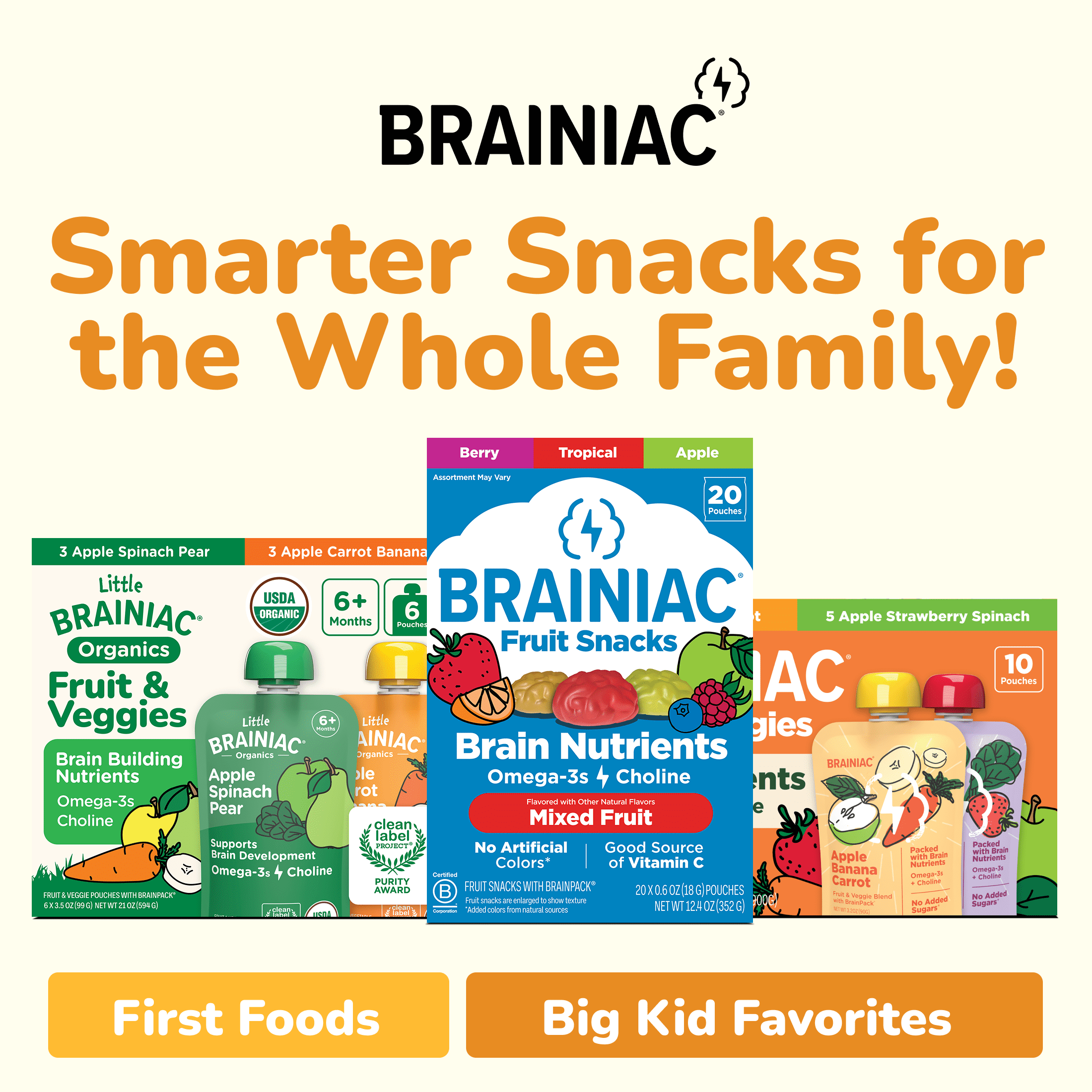Little Brainiac Organic Fruit & Veggie Baby Food Pouch with Omega-3s, Apple Carrot Banana, 3.5oz, 6ct