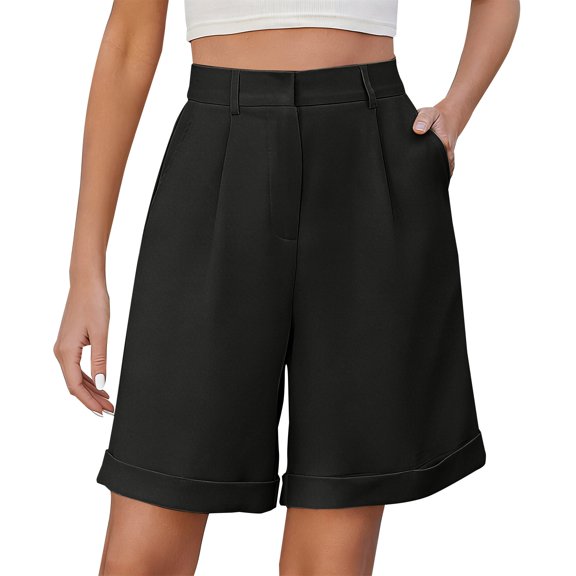Audhol Dress Shorts Women High Waisted Trouser Shorts Casual 2026 Summer Elastic Waist Casual Shorts Beach Vacation Clothes Knee Length Shorts Women Black L