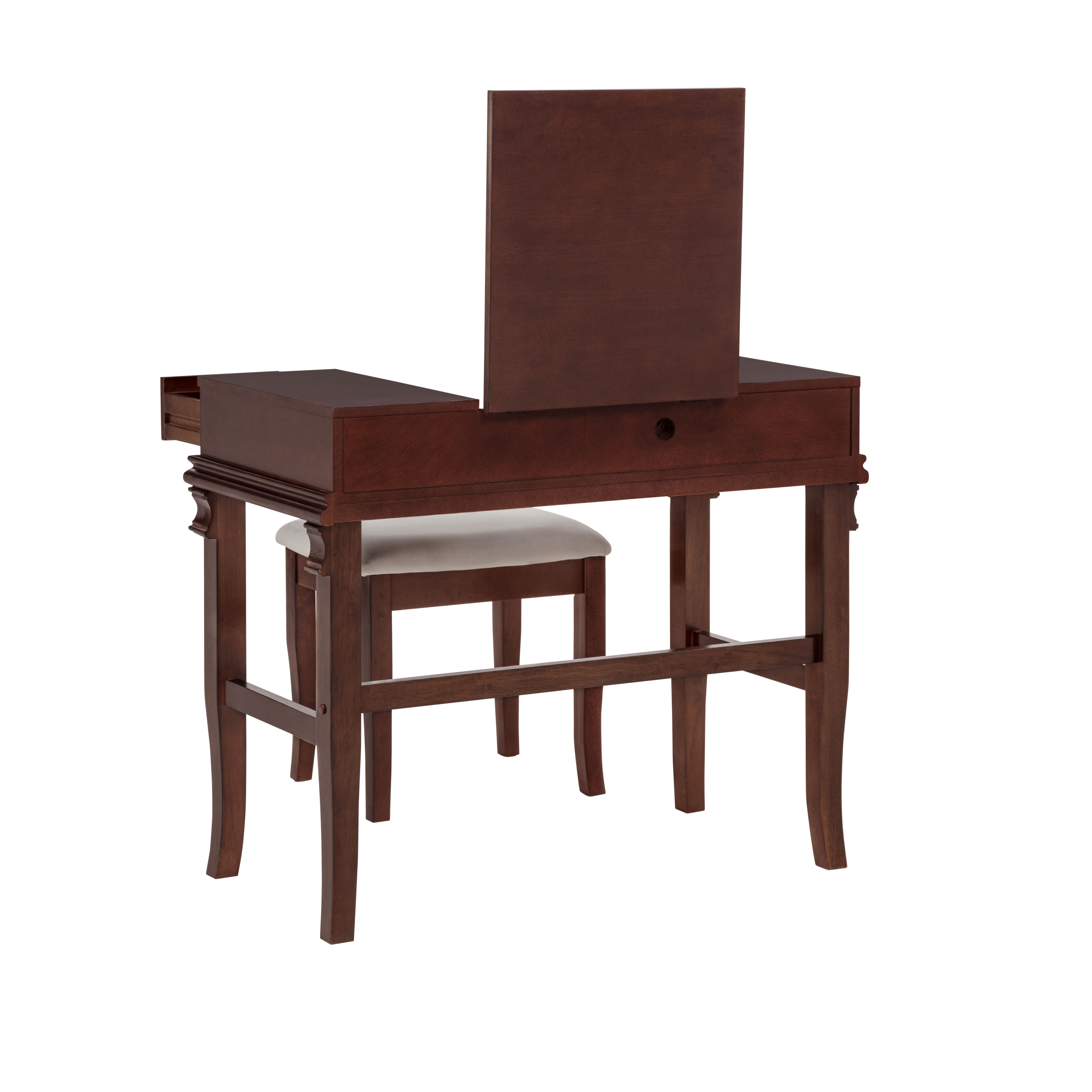 Linon Morton 2-Piece Vanity Set with Flip-Top Mirror and Upholstered Stool, Walnut/Beige