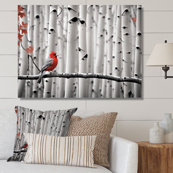 Designart "Forest Guardian Monochrome Red Grey Bird I" Animals Canvas Wall Art