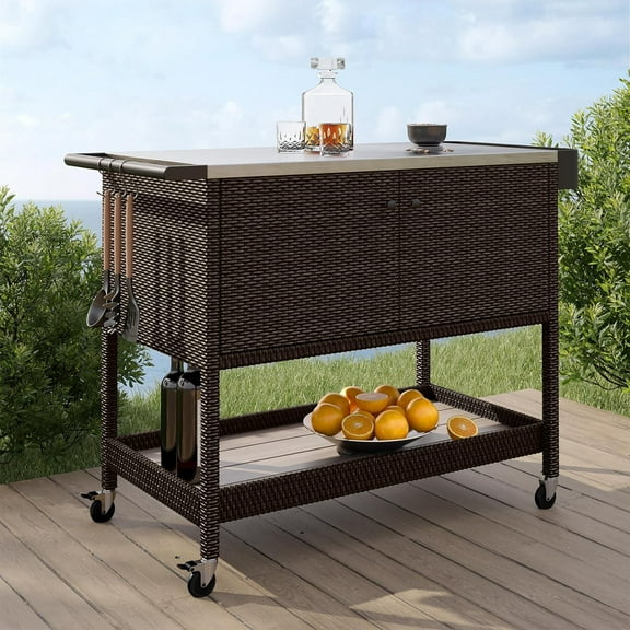Grand Patio Outdoor Rolling Wicker Bar Car with Wheels, Dark Brown, 36''H