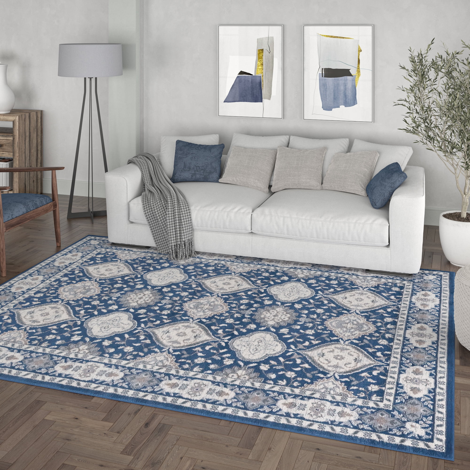 Traditional 2x8 Area Rug (2'3'' x 7'3'') Oriental Navy, Cream Indoor Runner Easy to Clean
