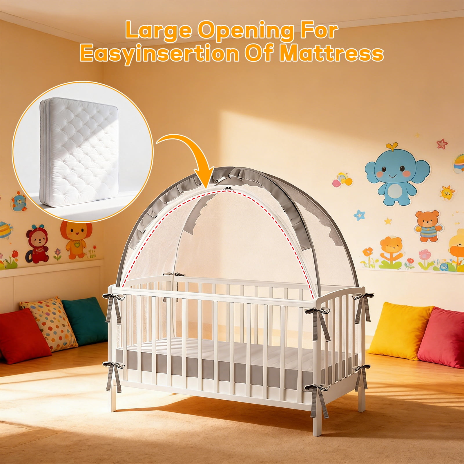 Baby Crib Tent, Pop Up Mosquito Crib Net with Double Zipper Self-Locked,1200 Holes/Inch Mesh to Keep Baby from Climbing Out, Portable Easy Install Mosquito Net 51.18" L x 27.56" W x 51.18" H
