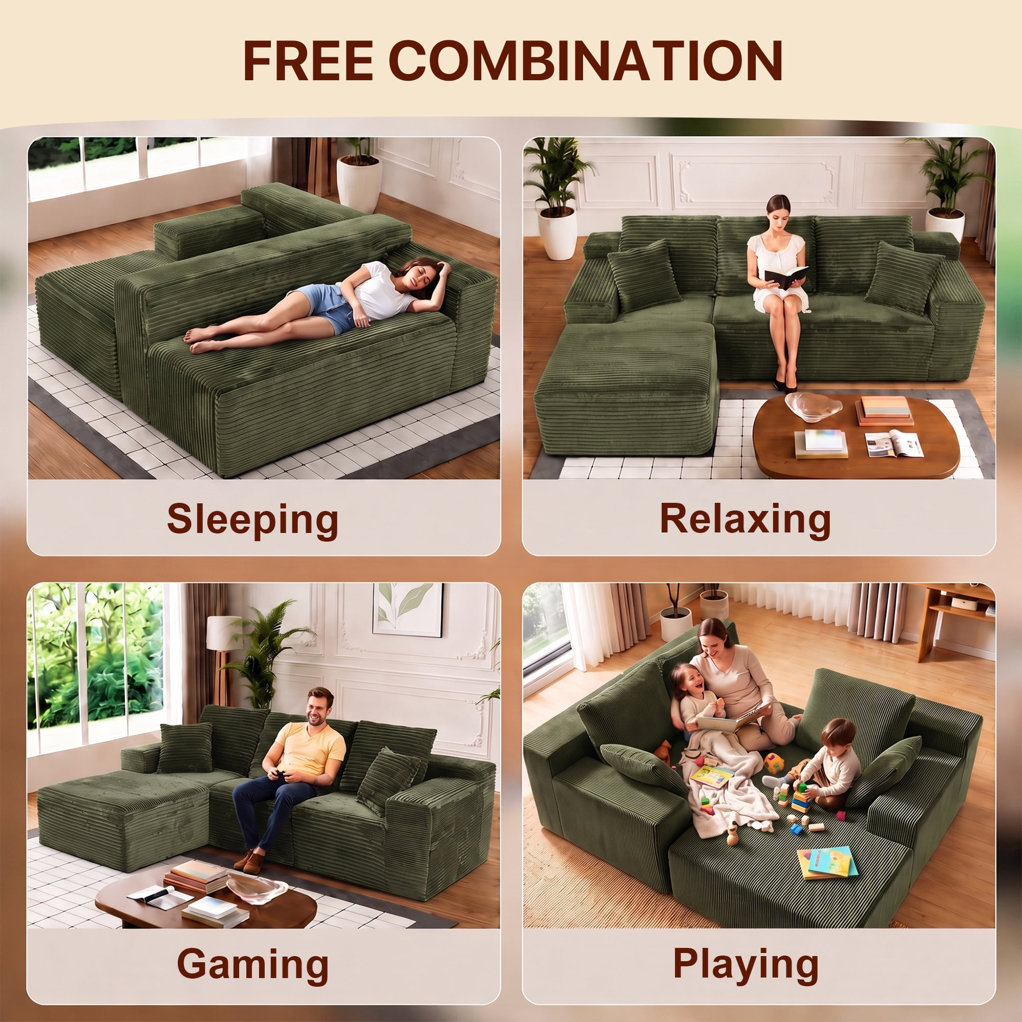 Aukfa 108" Cloud Sectional Boneless Couch Oversized Modular L-Shaped Sofa for Living Room, Left Chaise, Corduroy, Green