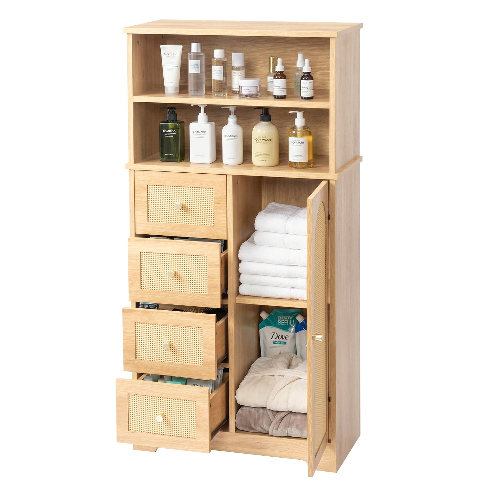 Ktaxon Bathroom Floor Cabinet with 4 Drawers 1 Cupboard & 2 Adjustable Shelves for Kitchen Living Room, Rattan