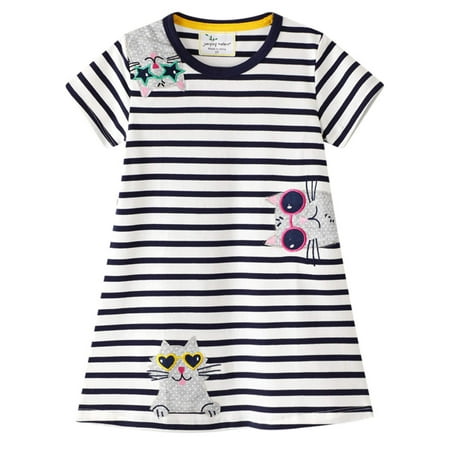 

Girls Dresses Short Sleeve Stripes Cartoon Applique Casual Playwear Dress Girls Clothes Cat Size 6 Years