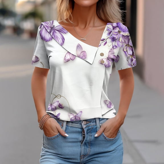 Dolkfu V-Neck T Shirts for Women Purple Short Sleeve Floral Minimalist T-Shirts Women'S Summer Tops