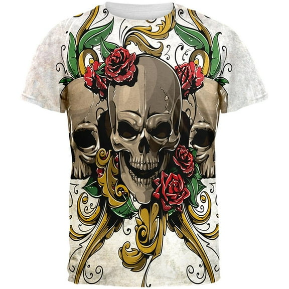 Skulls and Roses Metal Tattoo All Over Adult T-Shirt - 2X-Large