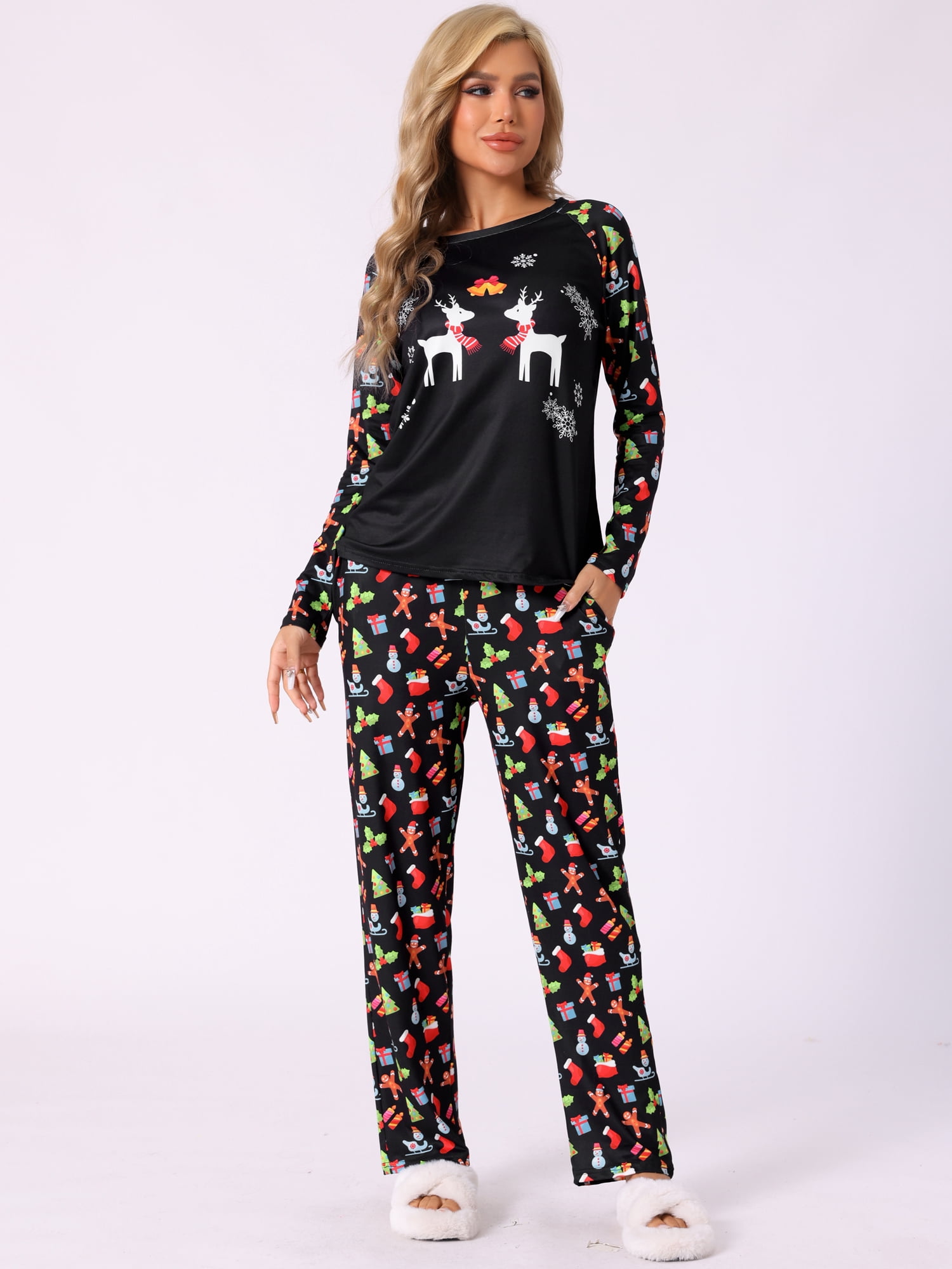 DARING DIVA Pajama Set Deer Print Long Sleeve Black Top Print Pant ["Women"] XS Black