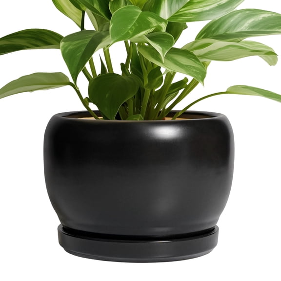 Ordivic 8 Inch Black Ceramic Plant Pot with Drainage Hole and Saucer – Round Planter for Indoor Outdoor, Modern Flower Pot, Apartment Decor, Gift for Plant Lovers