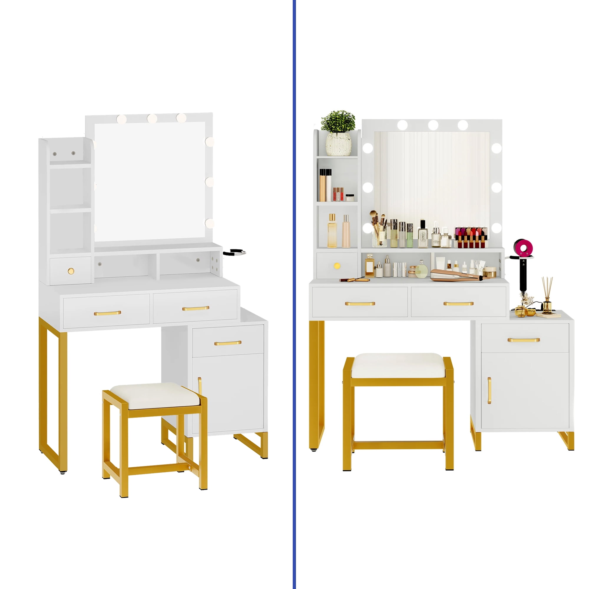 ModFusion Pure White Vanity Desk Set with 9 Hollywood-Style Bulbs, 4 Drawers, and Built-In Charging Station