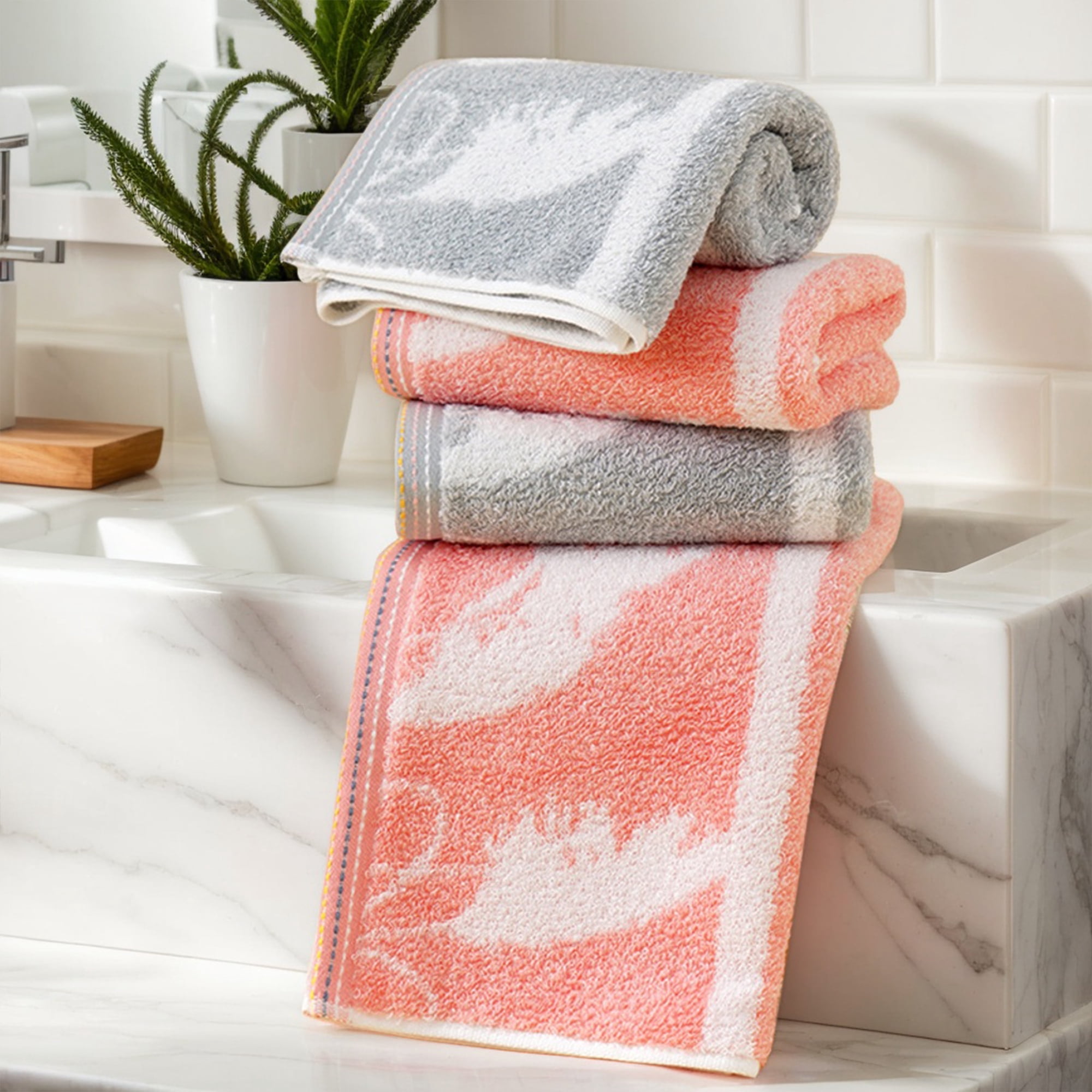 Unique Bargains Plant Pattern Soft Absorbent Cotton Hand Towels Grey 4 Pcs