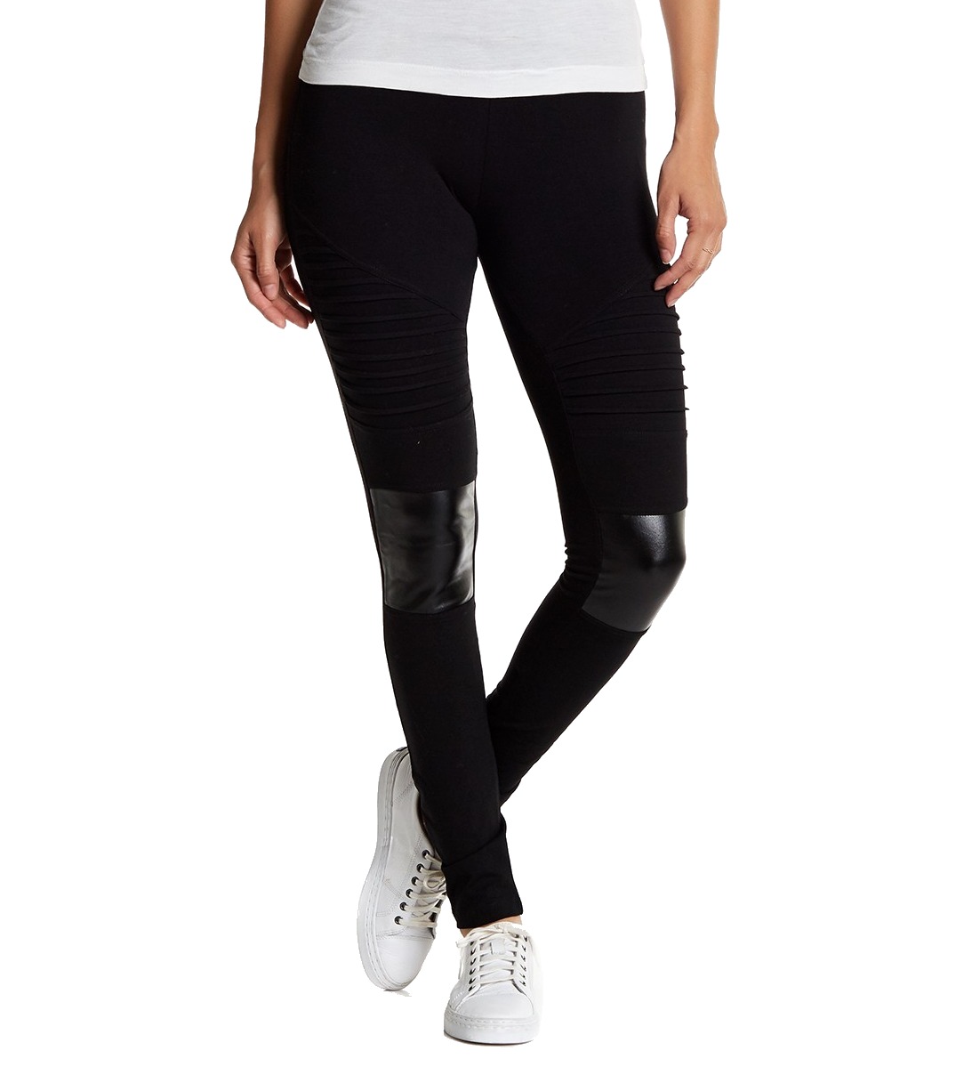 Faux-Leather-Panel Moto Stretch Pants 