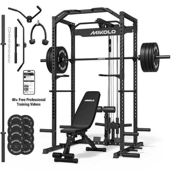 Mikolo Power Rack Cage, 1200LBS Weight Cage with 800LB Capacity Adjustable Weight Bench, 1500LB Capacity Barbell and 230LB Black Plate Set