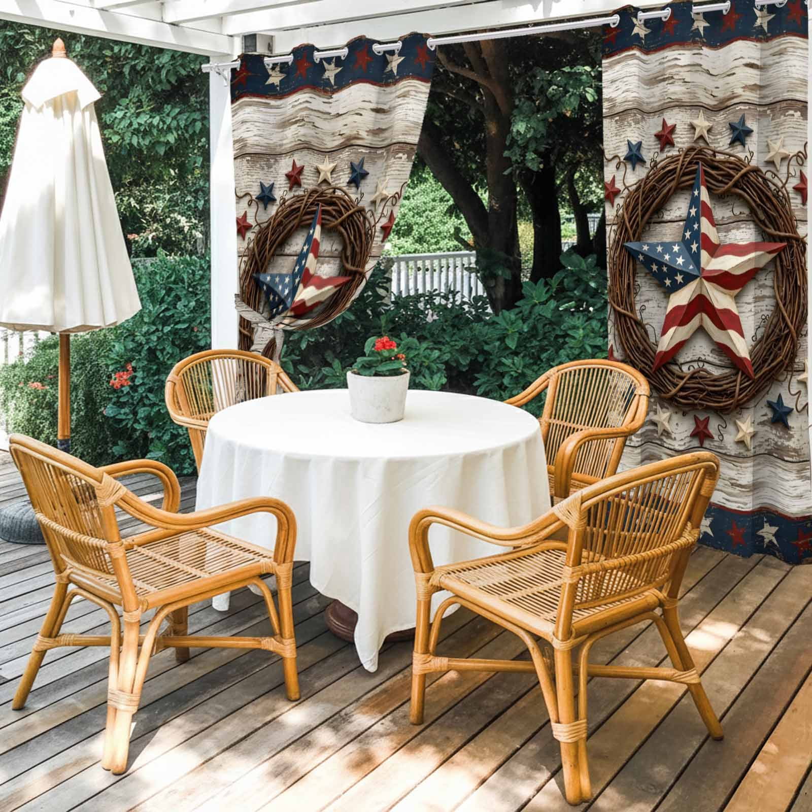 Independence Day Outdoor Curtains for Patio, Usa Flag Stars Vine Wreath Rustic Wood Grain Sunshade Privacy Drapes Grommet Waterproof Outside Curtains for Porch/Cabana/Balcony 54"x 108", 1 Panel