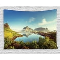 thumbnail image 1 of Farm House Decor Tapestry, Reine Creek in Norway in a Sunny Fall Day Tranquil Peaceful Vacation Image, Wall Hanging for Bedroom Living Room Dorm Decor, 60W X 40L Inches, Green Blue, by Ambesonne, 1 of 2