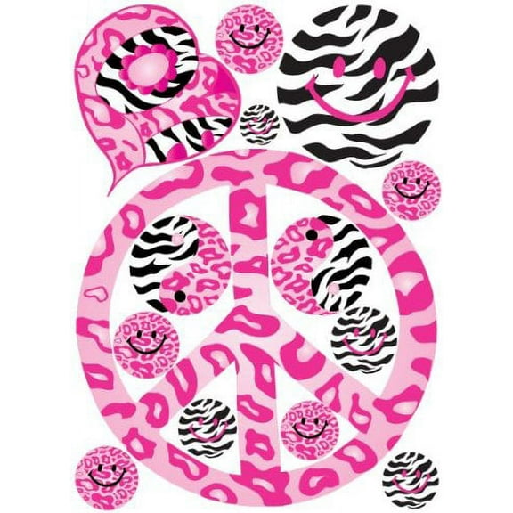 Sixties Theme Pink Peace Sign Wall Decals in Leopard, Cheetah, and Zebra Print Wall Decals / Stickers