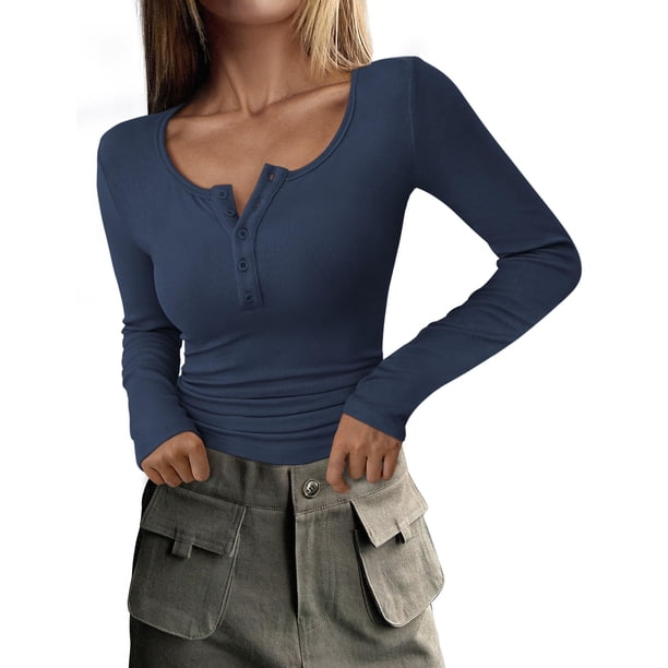 Camiseta PRETTYGARDEN 2025 Otoño Manga Larga Henley Azul Oscuro M