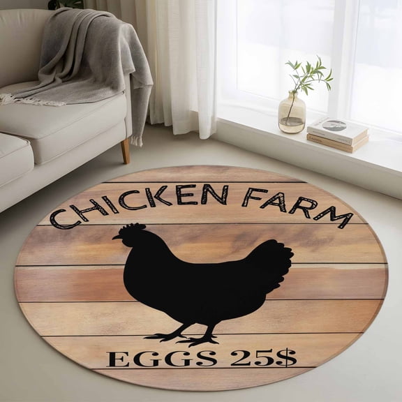 Farm Chicken Round Area Rug 4Ft Washable Circle Rugs for Bedroom Dining Room, Country Cabin Animals Brown Wooden Plank Non-Slip Carpet Floor Mats Indoor Outdoor Carpet Runner Aesthetic Home Decor