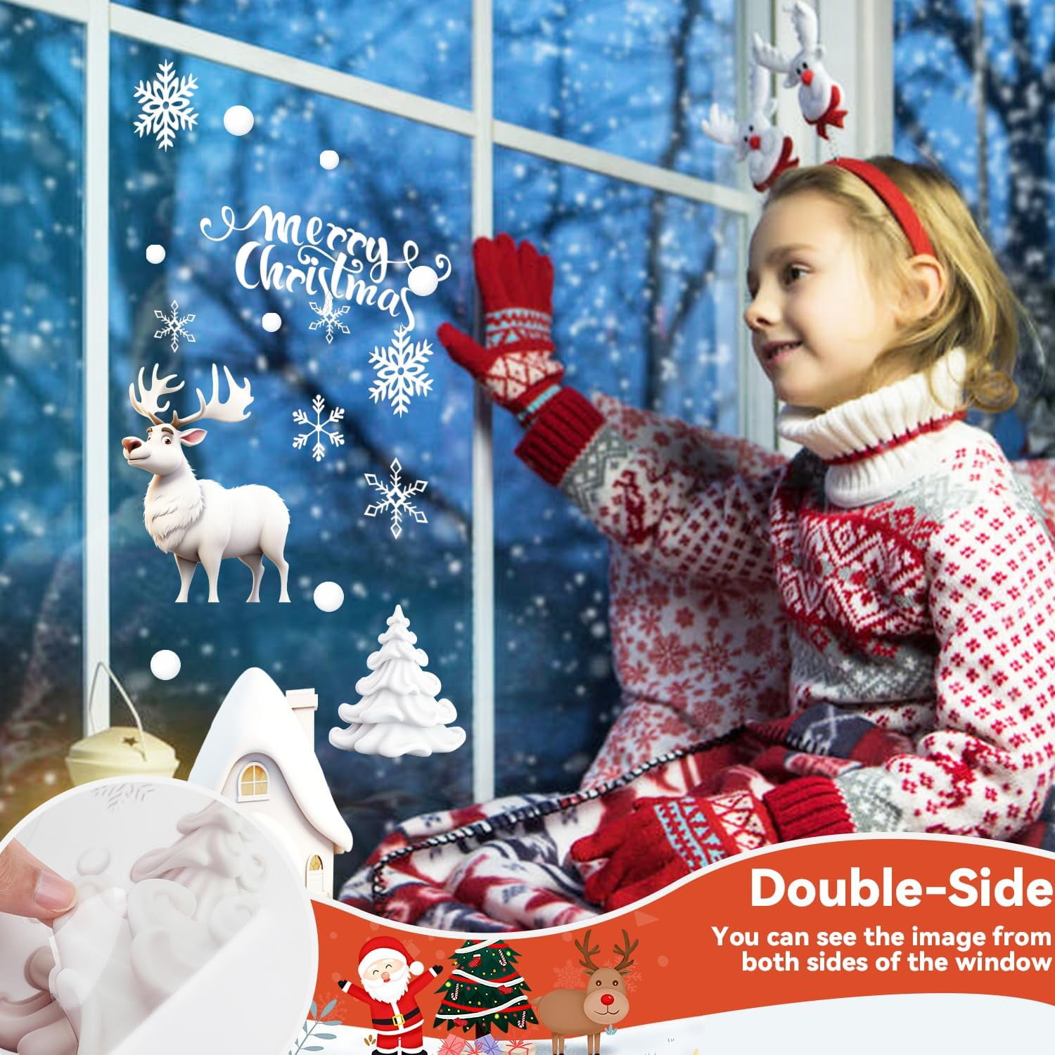 Christmas Window Stickers, 3D Xmas Window Decals White Christmas Window Clings Double Sided for Christmas Window Decorations(8 Sheets)