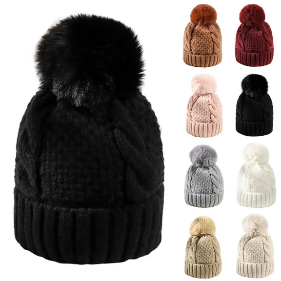 D-GROEE Women Winter Pom Pom Beanie Hats Warm Plush Lined,Chunky Trendy Cute Acrylic Fiber Knit Twist Cap
