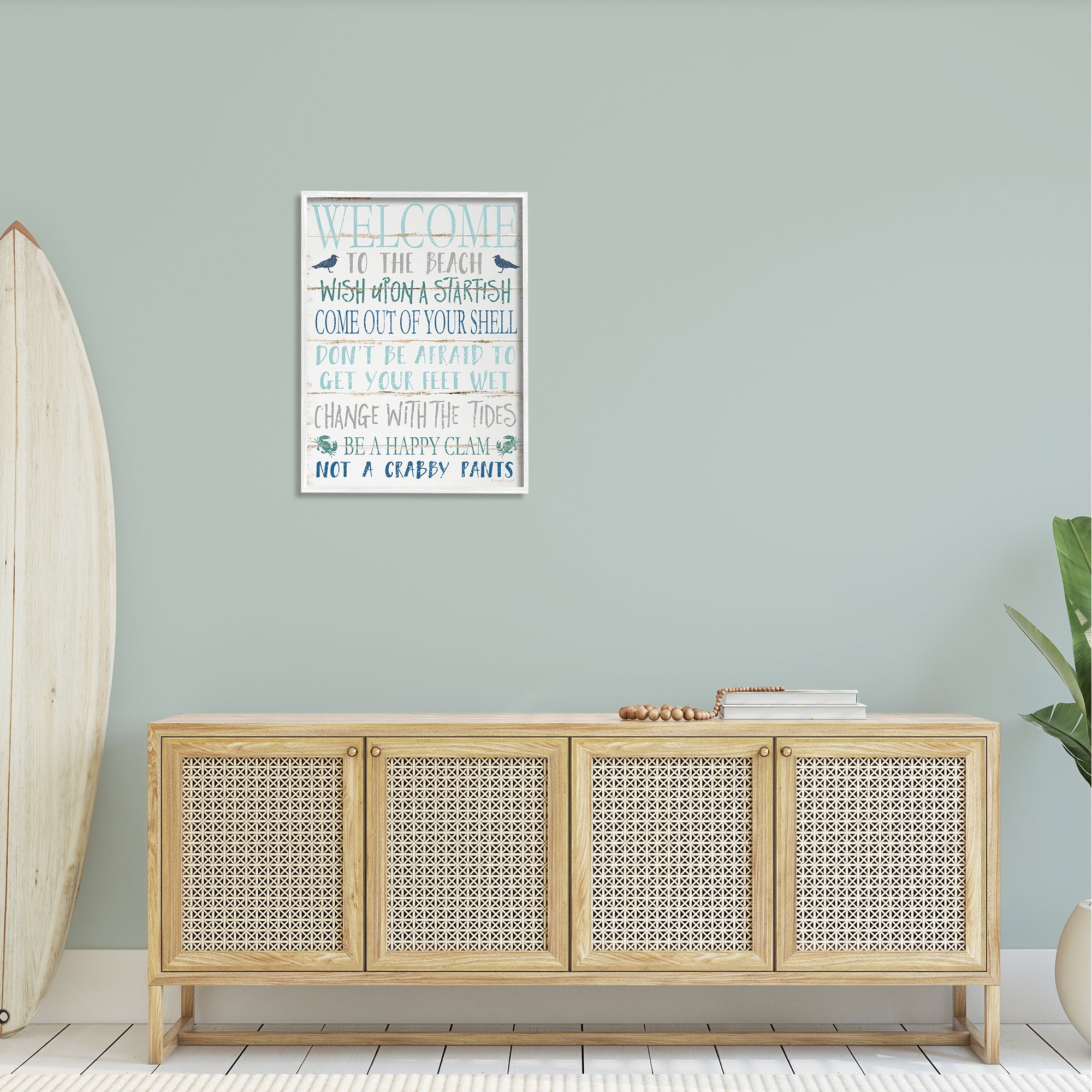 Stupell Industries Welcome to the Beach Blue Aqua and White Planked Look Sign Graphic Art Framed Art Print Wall Art, 24x30, By Jennifer Pugh