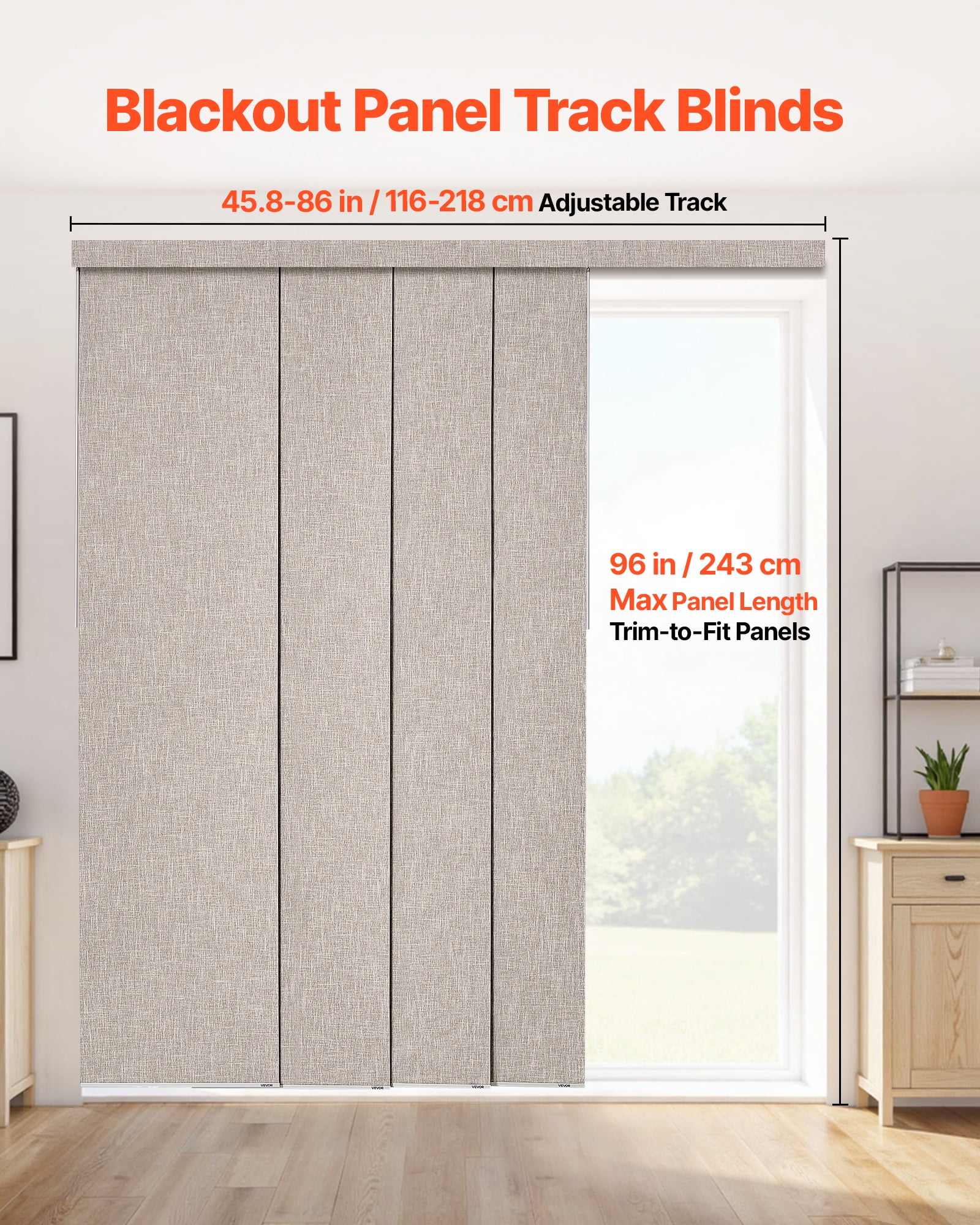 VEVOR Panel Track Blinds,Extendable Track from 45.8 in to 86 in W, Trimmable Panel Curtains Up to 96 in H, Vertical Blackout Panel Blinds for Sliding Doors, Patio Doors, Room Divider, Windows, Brown