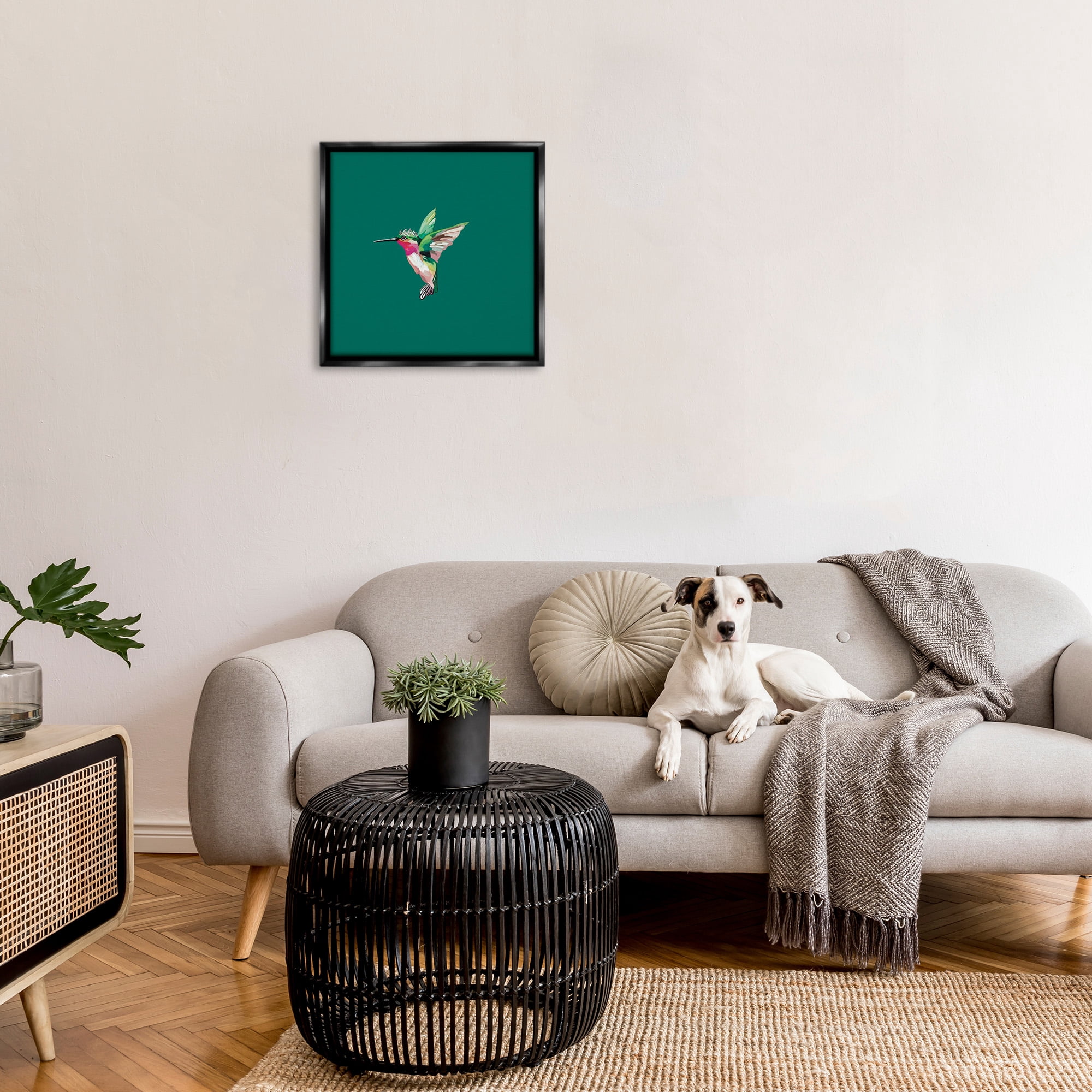 Stupell Industries Hummingbird with Tiara Animals & Insects Painting Black Floater Framed Canvas Art Print Wall Art, 25 x 25