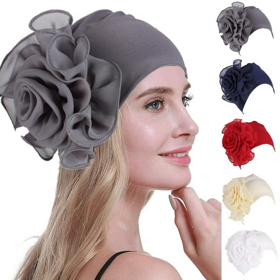 Chemo Turban Hats for Women - Elastic Flower Beanie Headwrap Caps Solid Color Grate for Cancer Hair Cover