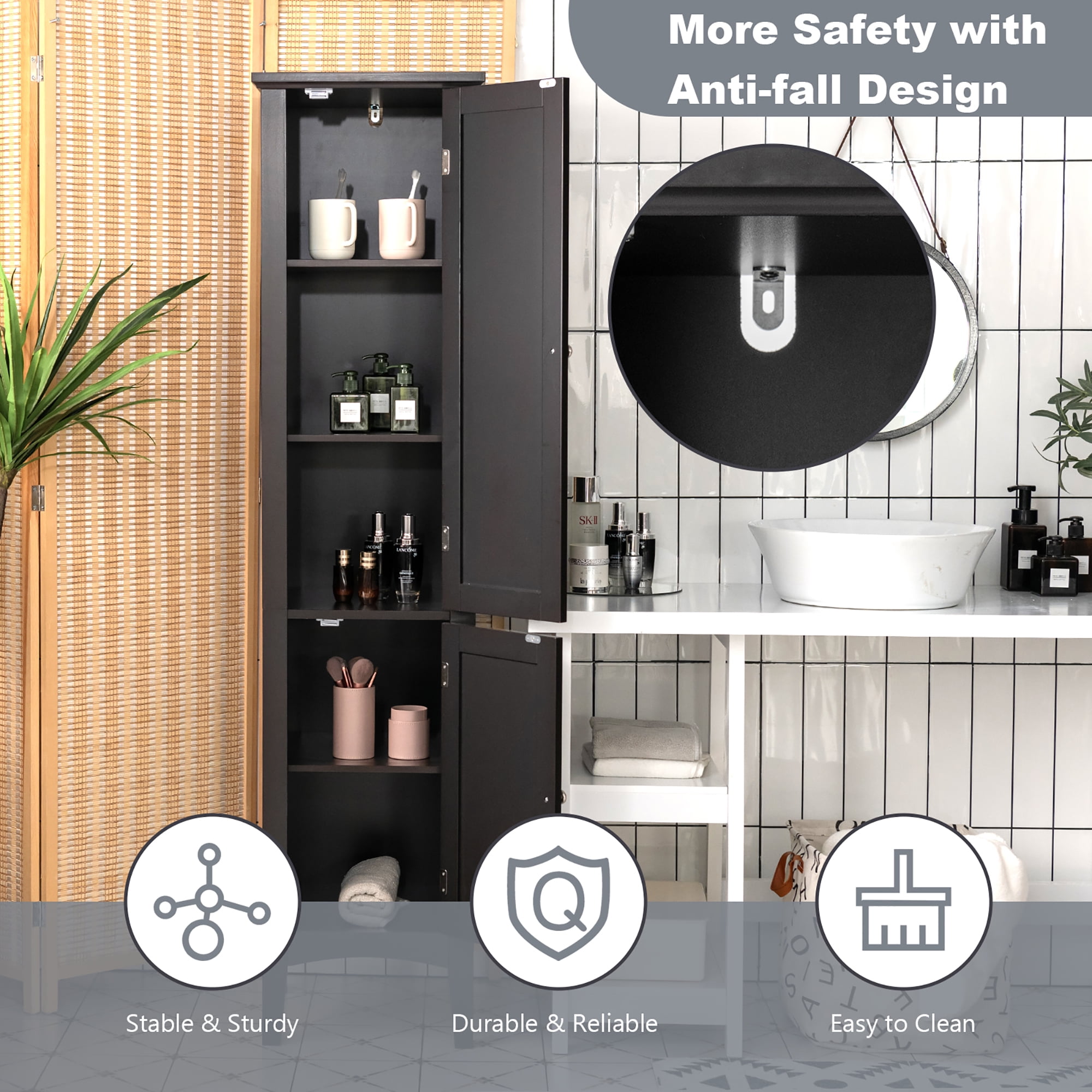 Costway Freestanding Bathroom Storage Cabinet Linen Tower Kitchen Living Room Black