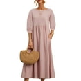 thumbnail image 4 of Frontwalk Women Maxi Dresses Solid Color Summer Beach Sundress Crew Neck Long Dress Party Ruched 3/4 Sleeve Pink XXL, 4 of 4
