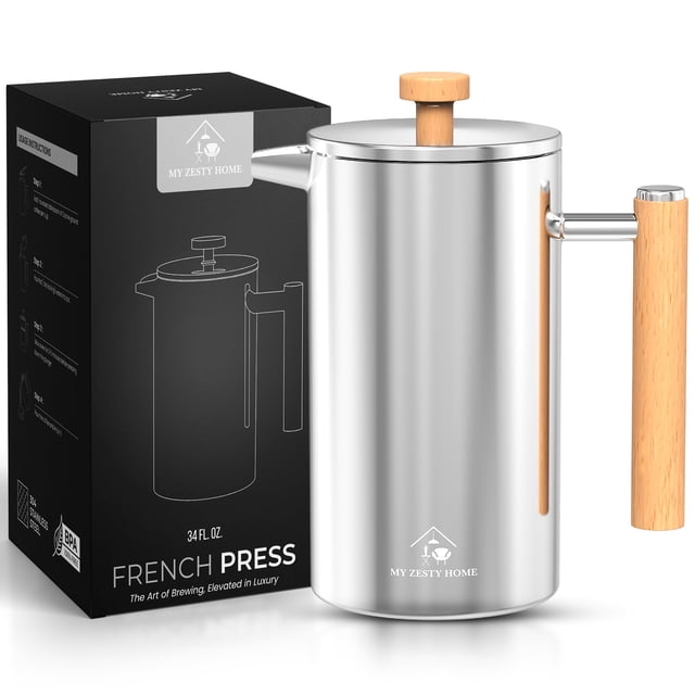 Prensa francesa My Zesty Home de 1 L de acero inoxidable con mango de madera