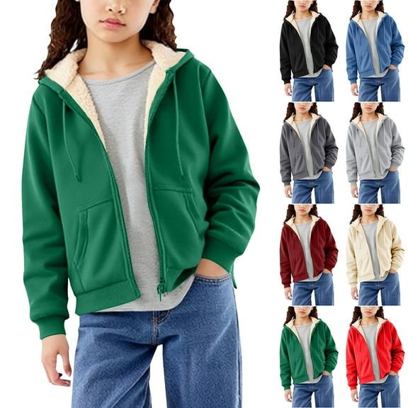 Gifts for Girls Horkkom Kids Fleece Jacket Girls Boys Solid Color Zip Up Hoodie Winter Warm Sweatshirt with Pockets Drawstring 10 Years