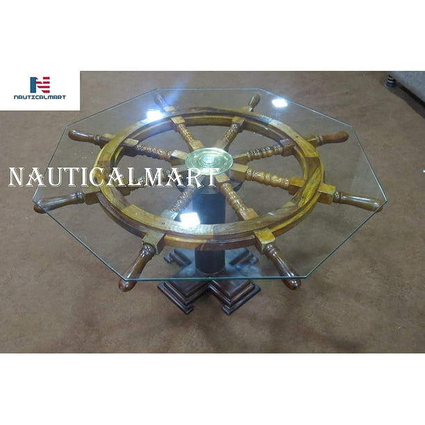 Vintage Ship's Wheel Coffee Table with Glass by NaticalMart