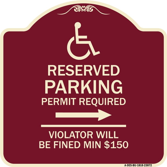 SignMission Designer Series Sign - Modern Isa Symbol) Connecticut Reserved Parking Permit Required Violators Will Be Fined Min $150 (With Right Arrow) | Burgundy 18" X 18" Heavy-Gauge