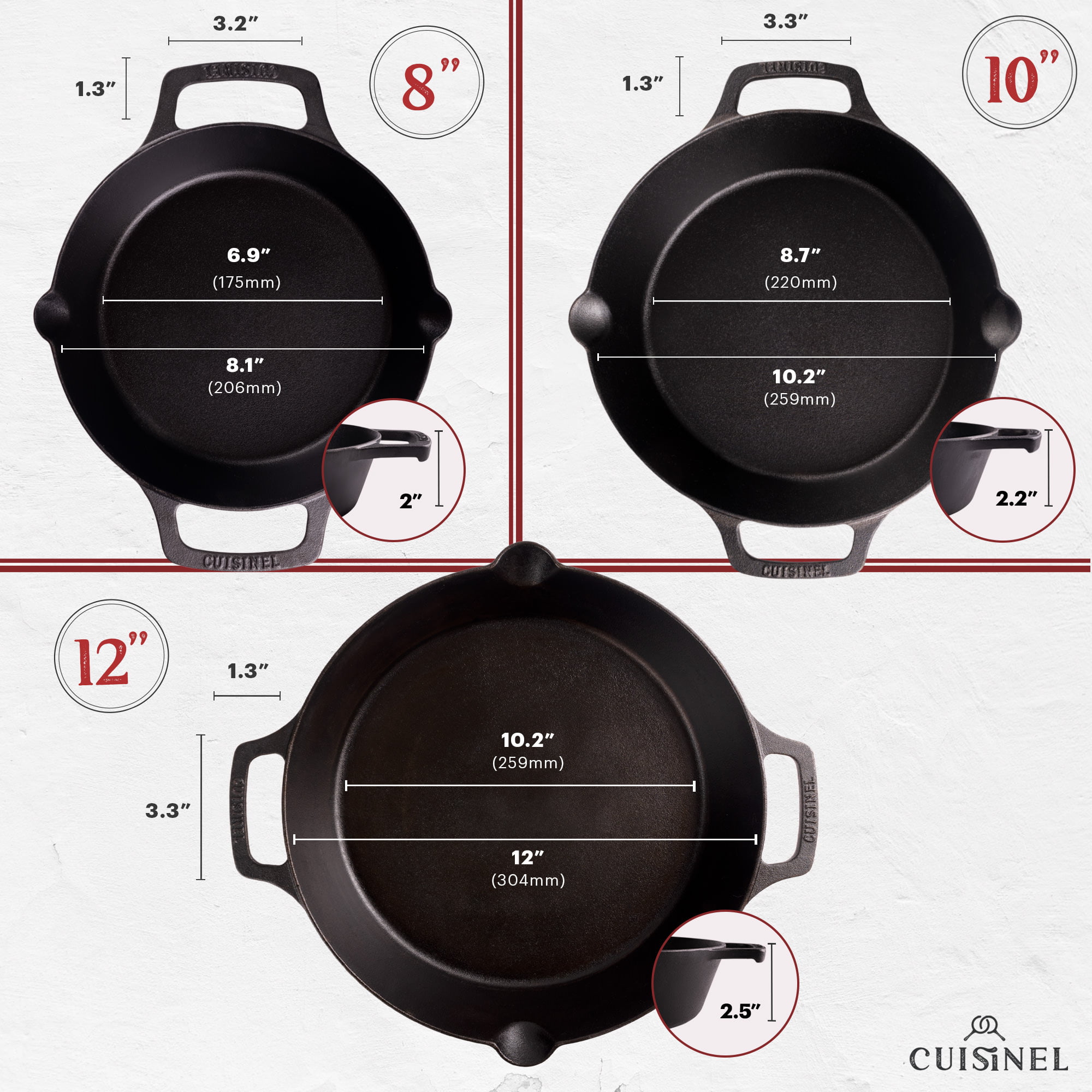 Cast Iron Skillet Set + Glass Lids 8″+10″+12″Inch Frying Pans +