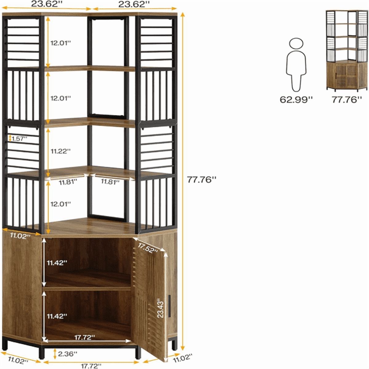5-Tier Corner Storage Cabinet with Door, MDF & Metal Frame, Industrial Style for Living Room/Home Office/Balcony