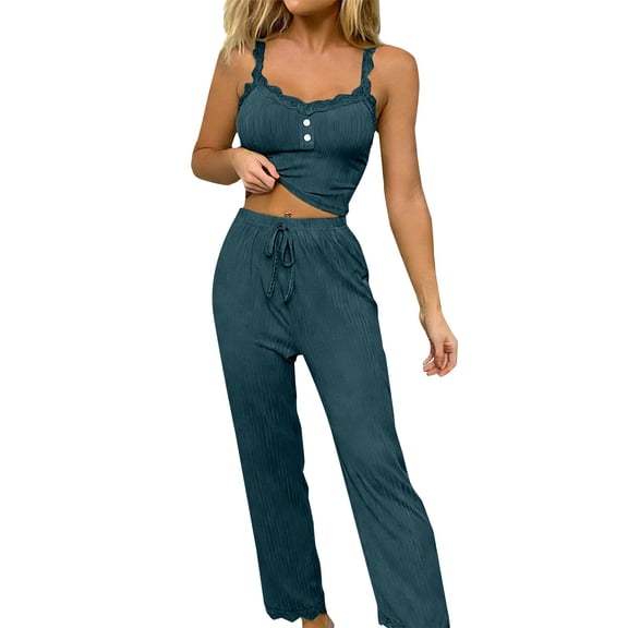 Gkeoshab Womens Pajama Sets Women Camisole Long Trousers Jacquard Pajama Set Lightweight Blended Fabric Summer Casual Sleepwear Loungewear Blackish Green L