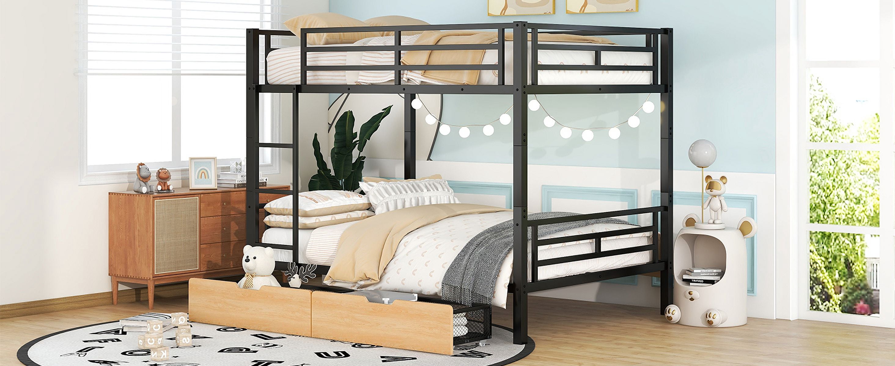 MAYEERTY Metal Full Size Convertible Bunk Bed with 2 Drawers, Black