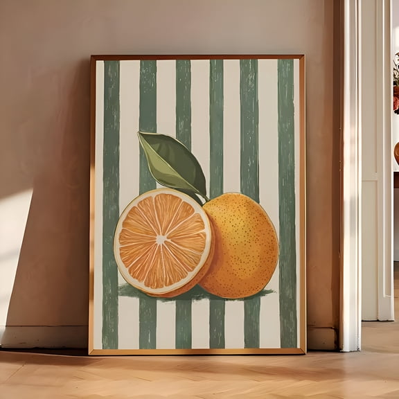 Abstract Orange Fruit Wall Art Poster Retro Green Stripes Vibrant Kitchen Bathroom Living Room Bedroom Office Decor, UNFRAMED 8x12