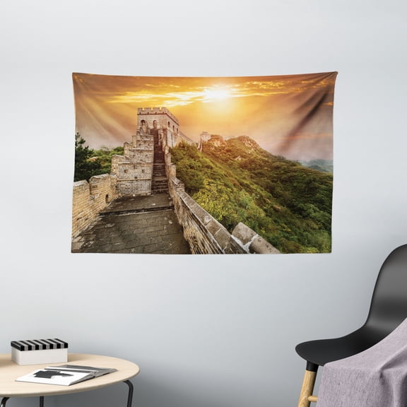 Great Wall of China Tapestry, The Magnificent Heritage of World Background Brick Borders Picture, Wall Hanging for Bedroom Living Room Dorm Decor, 60W X 40L Inches, Orange Green, by Ambesonne