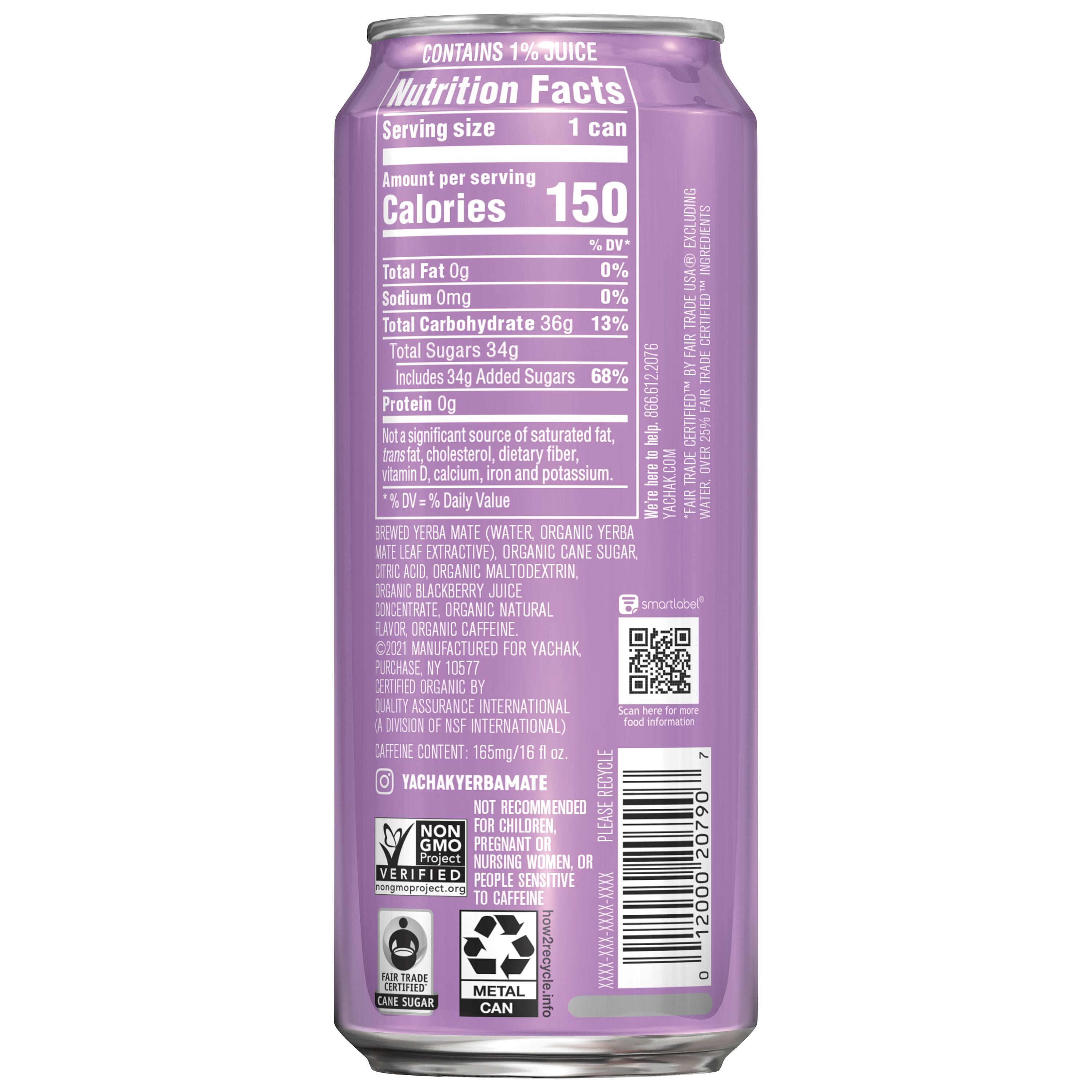 Yachak Yerba Mate Drink, Blackberry, Bottled Tea Drink, 16 oz, 12 Cans