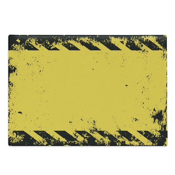 Vintage Yellow Cutting Board, Hazard Theme Caution Construction Tape Illustration with Grunge Look, Decorative Tempered Glass Cutting and Serving Board, Large Size, Yellow and Black, by Ambesonne