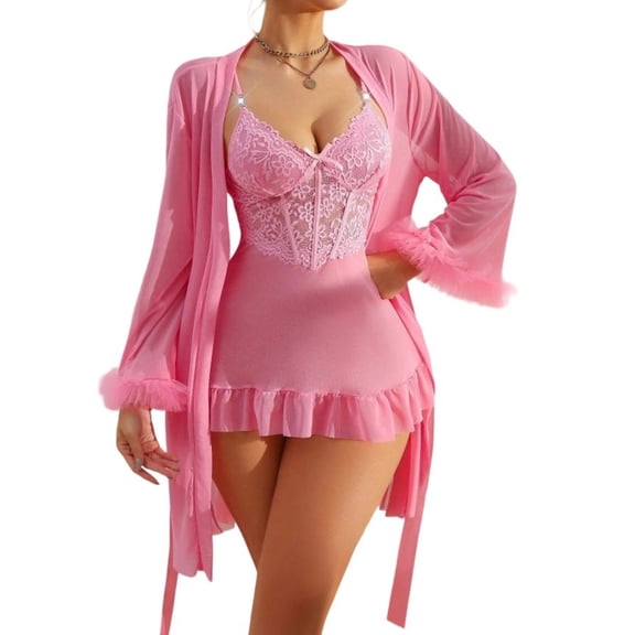 JSGEK Women Sheer Robe and Chemise Dress 2 Piece Set Lace Trim Ruffle Hem Nightwear Lingerie Set Pink XL